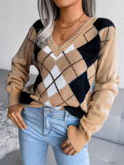 Argyle Print V Neck Long Sleeve Sweater Women's Clothing