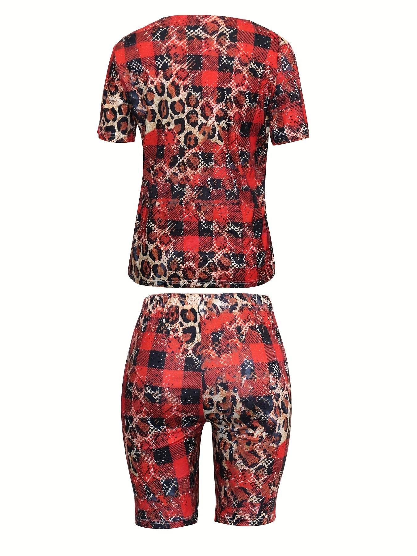 Leopard Plaid 2pc Set Crew Neck Short Sleeve Love Print T shirt & Shorts