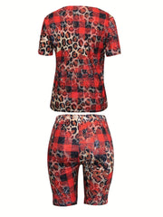 Leopard Plaid 2pc Set Crew Neck Short Sleeve Love Print T shirt & Shorts
