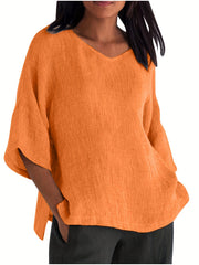 Basic Blouse Women's Plus Solid Three Quarter Sleeve V Neck Top