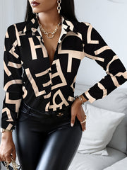Letter Print Button Up Long Sleeve Blouse