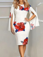 Women's Plus Floral Print Split Sleeve Round Neck High Stretch Slim Fit Dress