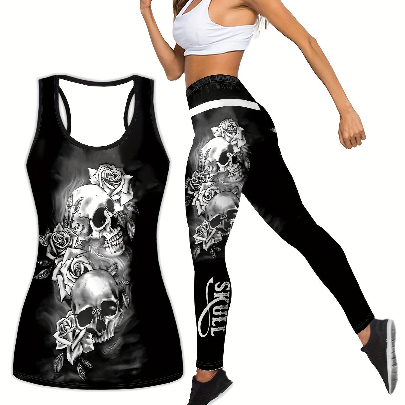 Women's Plus Floral Skull Print Tank Top & Leggings Set