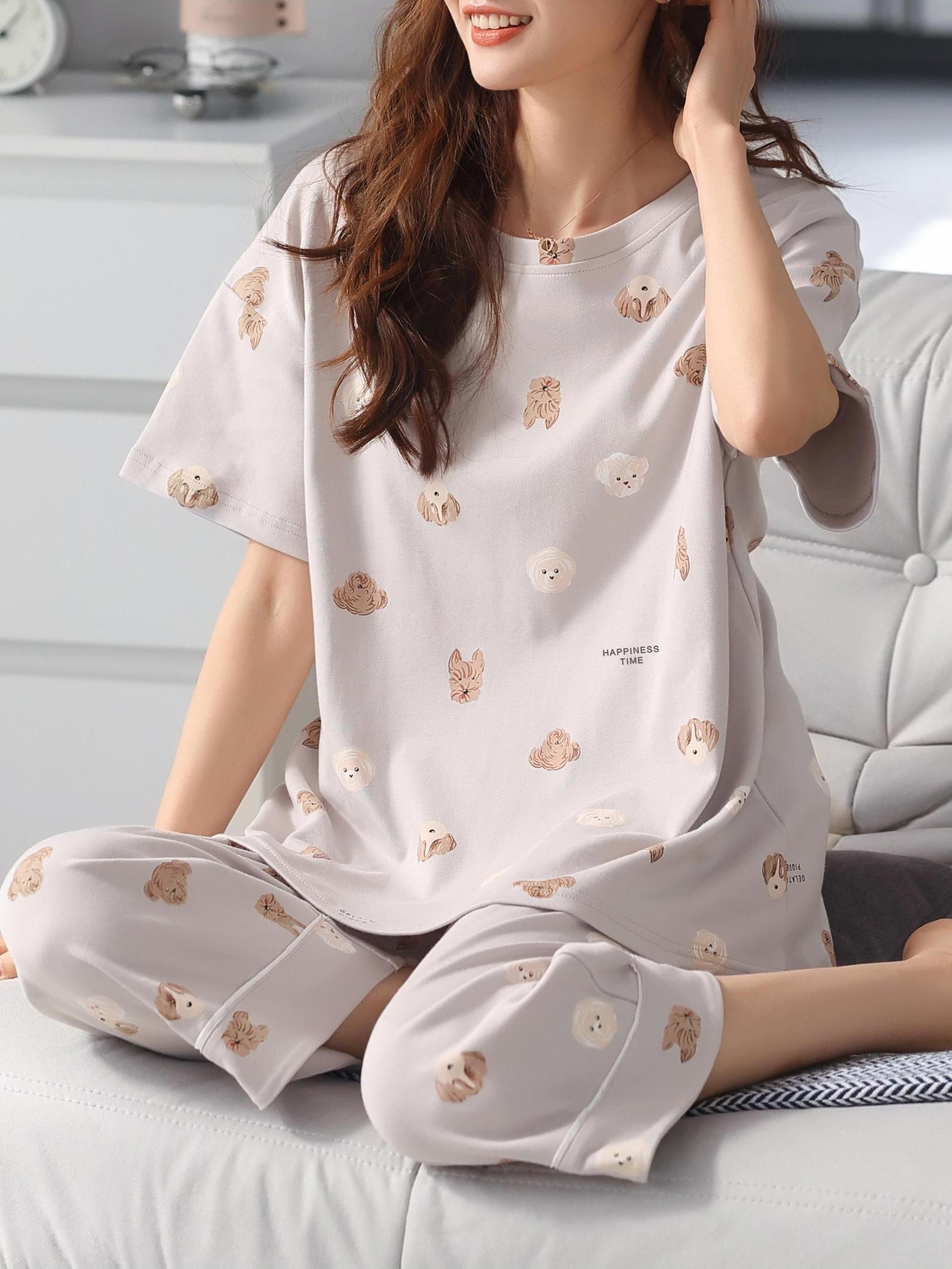 Teddy Puppy Pajamas Set Soft Top & Cropped Pants Women's Loungewear