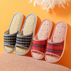 Men's Plaid Linen Non Slip Open Toe Slides For Indoor Home House Shoes