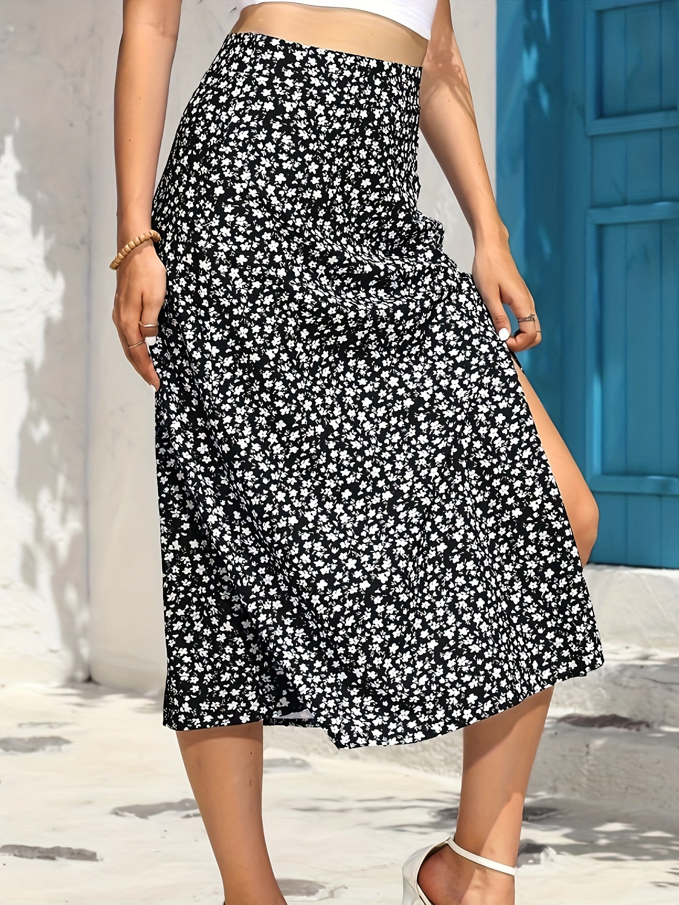 Floral Print Midi Skirt with Side Slit for Summer & Spring