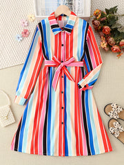 Girls' Stripe Long Sleeve Collared Shirt Dress With Belt