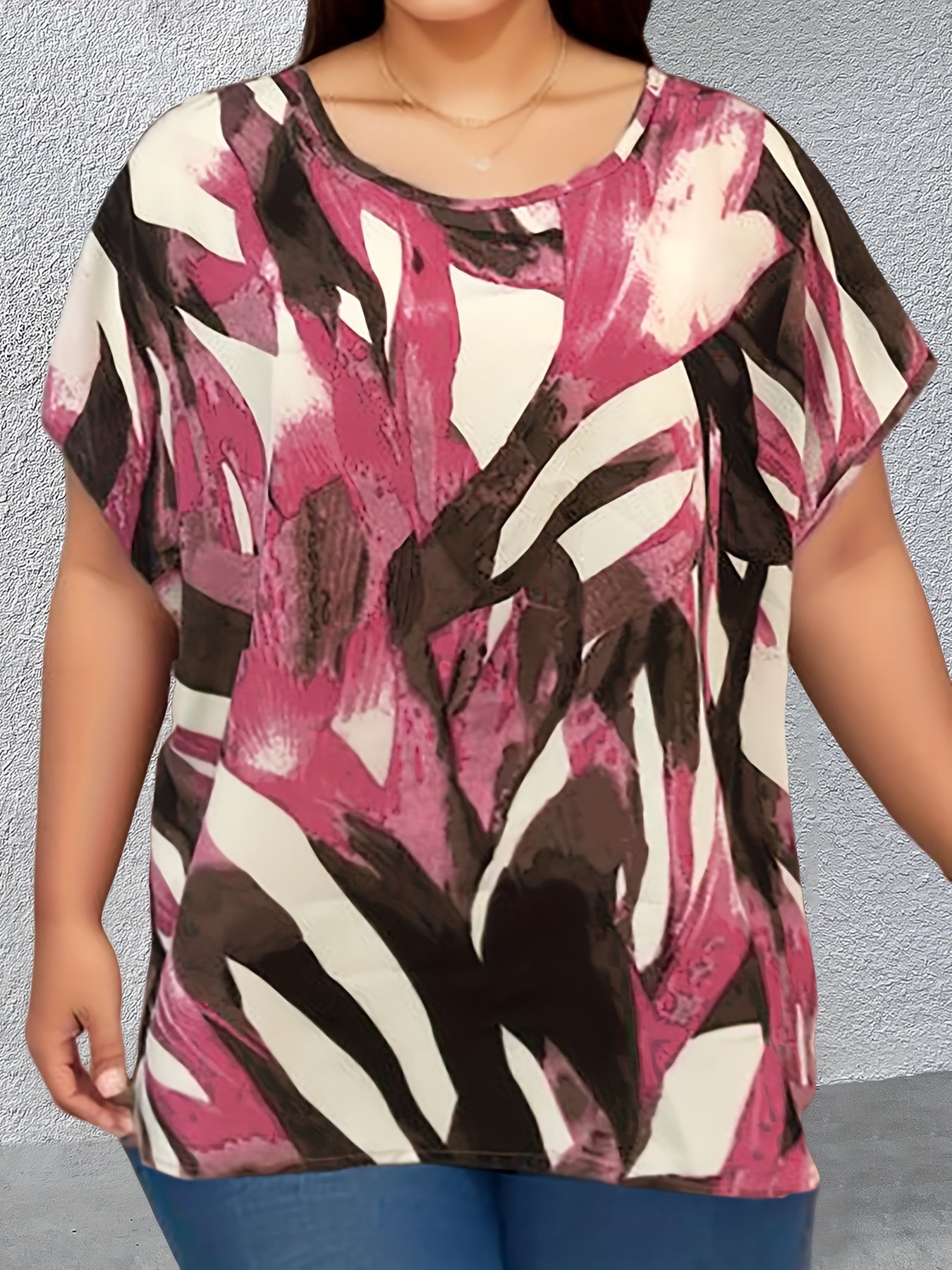 Leaf Print Round Neck Cap Sleeve Plus Size Casual Blouse