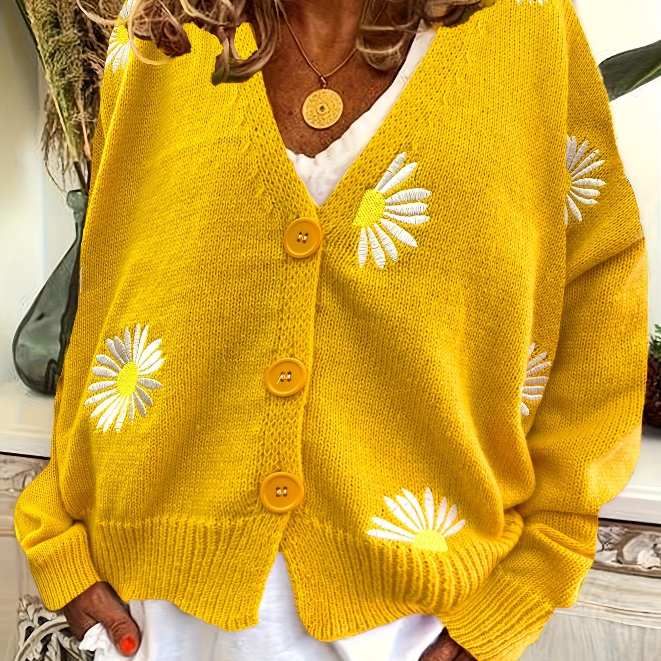 Daisy Pattern Long Sleeve Button Up Sweater Cardigan
