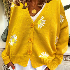 Daisy Pattern Long Sleeve Button Up Sweater Cardigan
