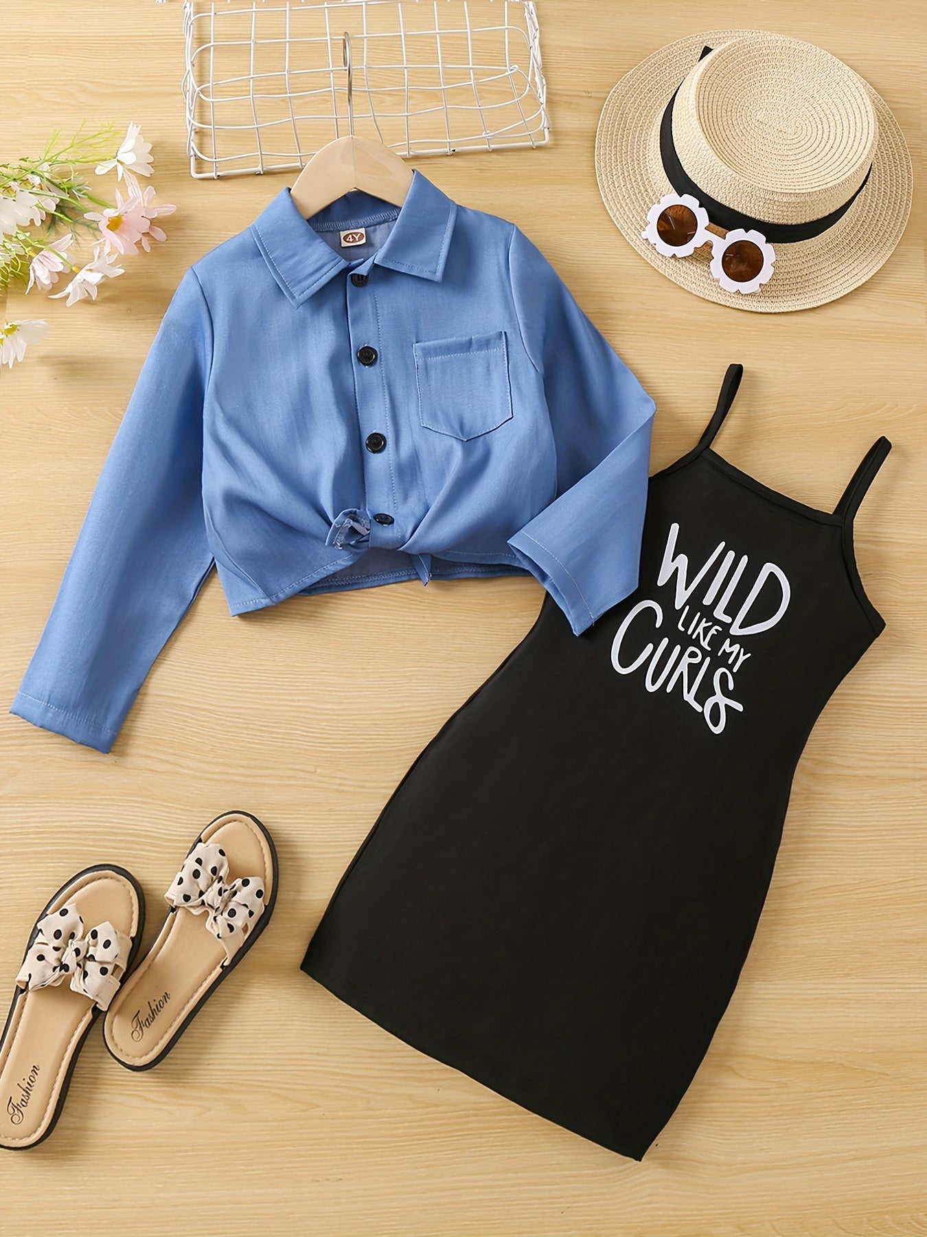 Girl's 2pcs Knotted Shirt & Sundress Set WILD LIKE MY CURLS Print