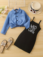 Girl's 2pcs Knotted Shirt & Sundress Set WILD LIKE MY CURLS Print