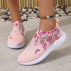 Women's Flower Pattern Slip-On Sneakers, Breathable Knit Low Top Shoes