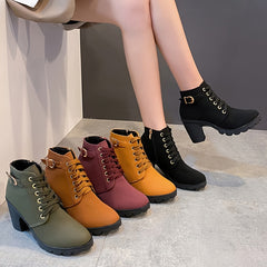 Women's Chunky Heel Short Boots Faux Leather Combat Boots