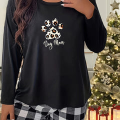 Women's Plus Leopard Dog Paw & Letter Graphic Long Sleeve Tee
