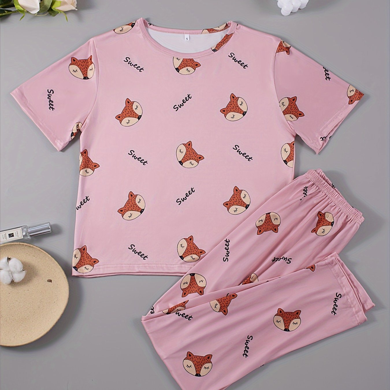 Fox Print Pajama Set Short Sleeve Top & Pants Women's Sleepwear