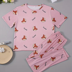 Fox Print Pajama Set Short Sleeve Top & Pants Women's Sleepwear