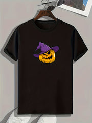 Halloween Pumpkin & Witch Hat Graphic Tee Men's Casual Comfy T-shirt