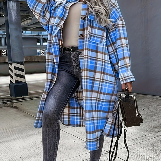 Plaid Print Button Up Long Sleeve Shacket
