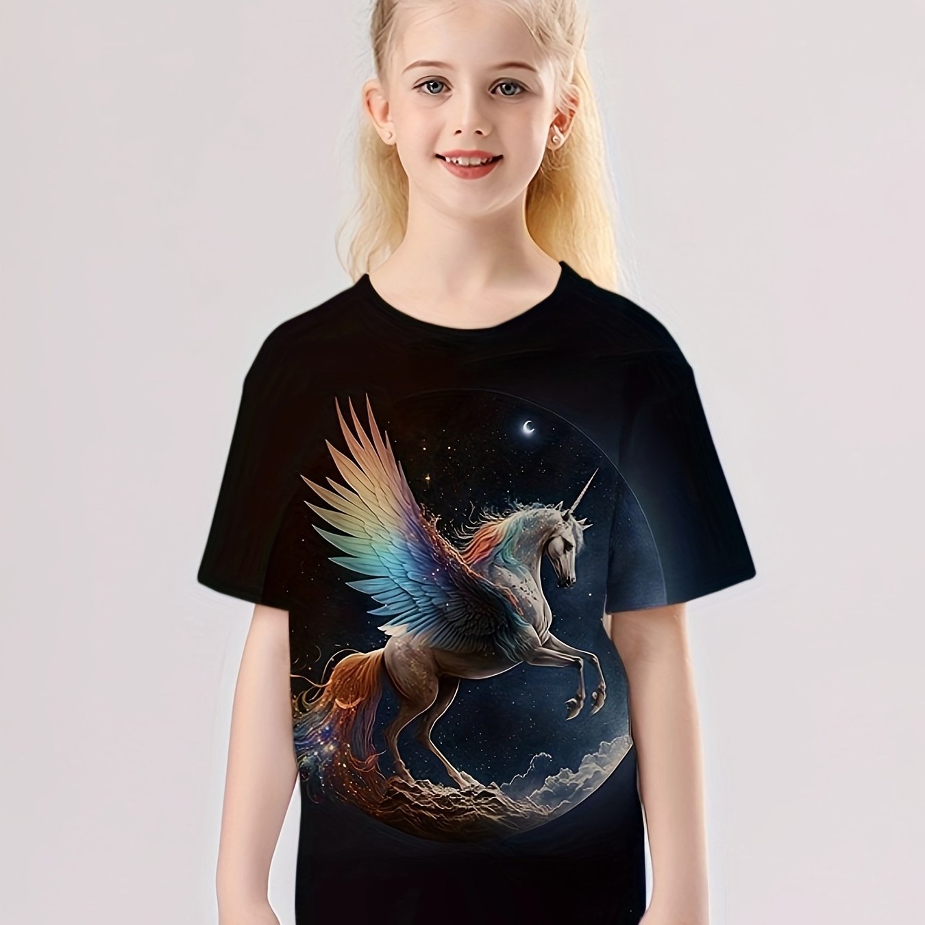 3D Unicorn With Wings Graphic T shirt Girls Casual Short Sleeve Tees