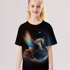3D Unicorn With Wings Graphic T shirt Girls Casual Short Sleeve Tees