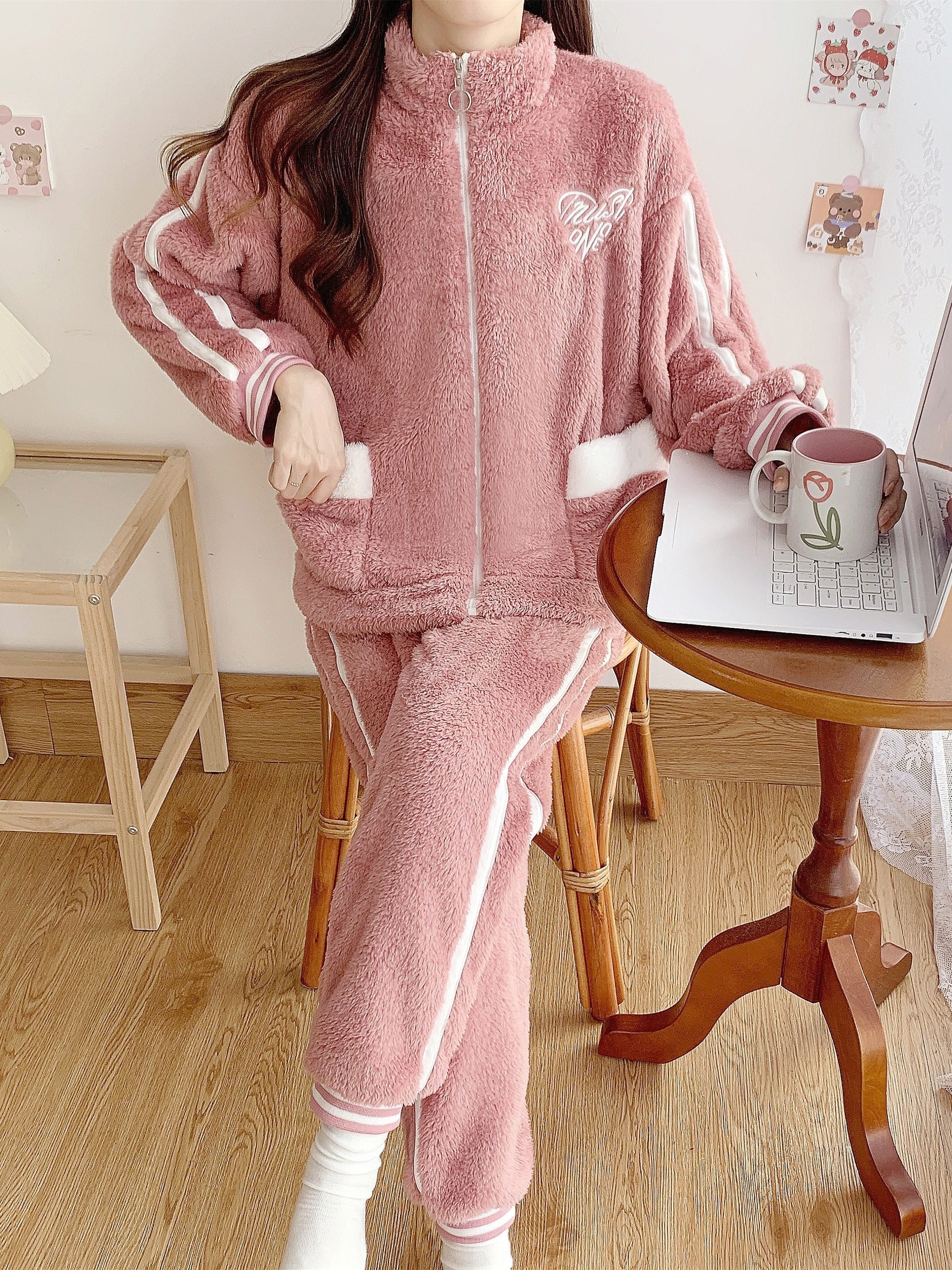 Heart Print Fuzzy Lounge Set Zipper Top & Pants