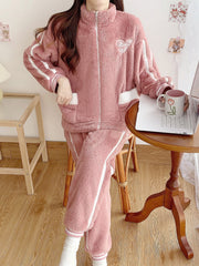 Heart Print Fuzzy Lounge Set Zipper Top & Pants
