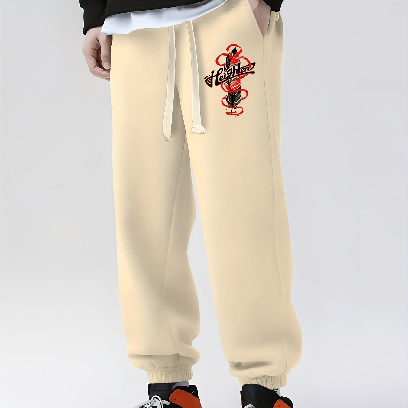 Feather Print Drawstring Sweatpants Loose Fit Pants Men's Casual Joggers