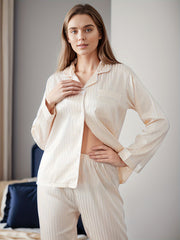 Stripe Print Satin Pajama Set Long Sleeve Top & Elastic Waistband Pants