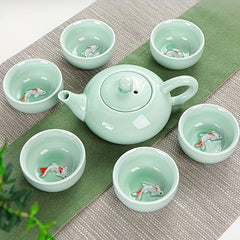 Celadon Tea Set with Koi Fish Teapot and Creative Tea Cups