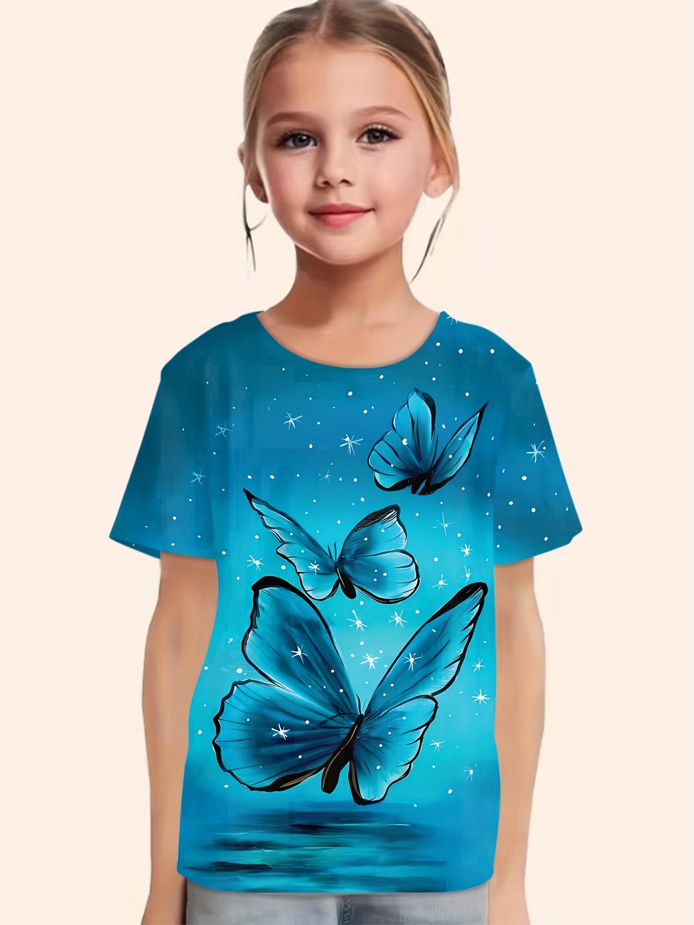 Butterfly Print Short Sleeve T shirt Girls Comfy Pullover Summer Clothes