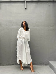 Solid V Neck Ruffle Trim Maxi Split Cover Up