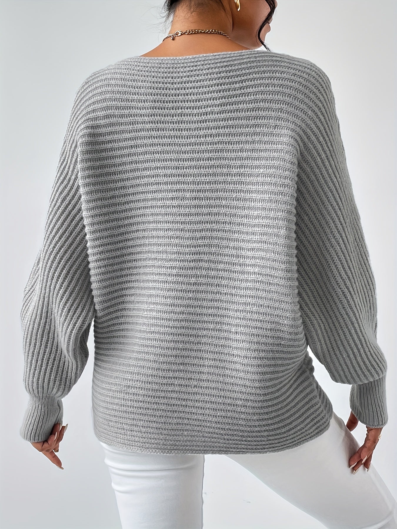 Solid Boat Neck Batwing Sleeve Sweater for Women