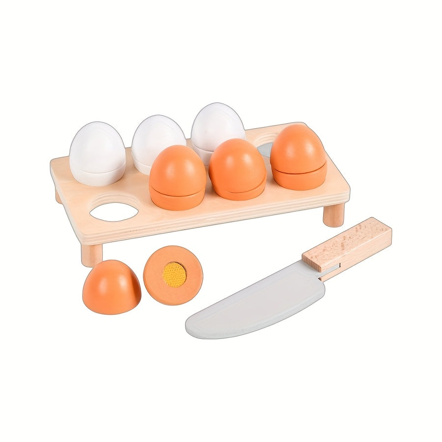 Wooden Egg Pretend Play Set Toy 8 Eggs 1 Holder 1 Cutter for 3 Years Easter Gift