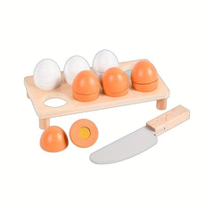 Wooden Egg Pretend Play Set Toy 8 Eggs 1 Holder 1 Cutter for 3 Years Easter Gift