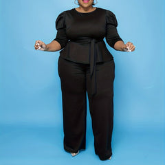 Solid Gigot Sleeve Peplum Top & Pants Set