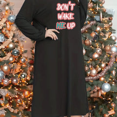 Nightdress Women's Plus Slogan Print Long Sleeve Round Neck Sleep