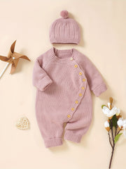 Personalized Knit Baby Onesie Diagonal Buttons & Hat