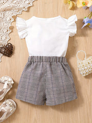 2pcs Baby Girls Graphic Print Ruffle Sleeve T-shirt & Plaid Bow Shorts Set