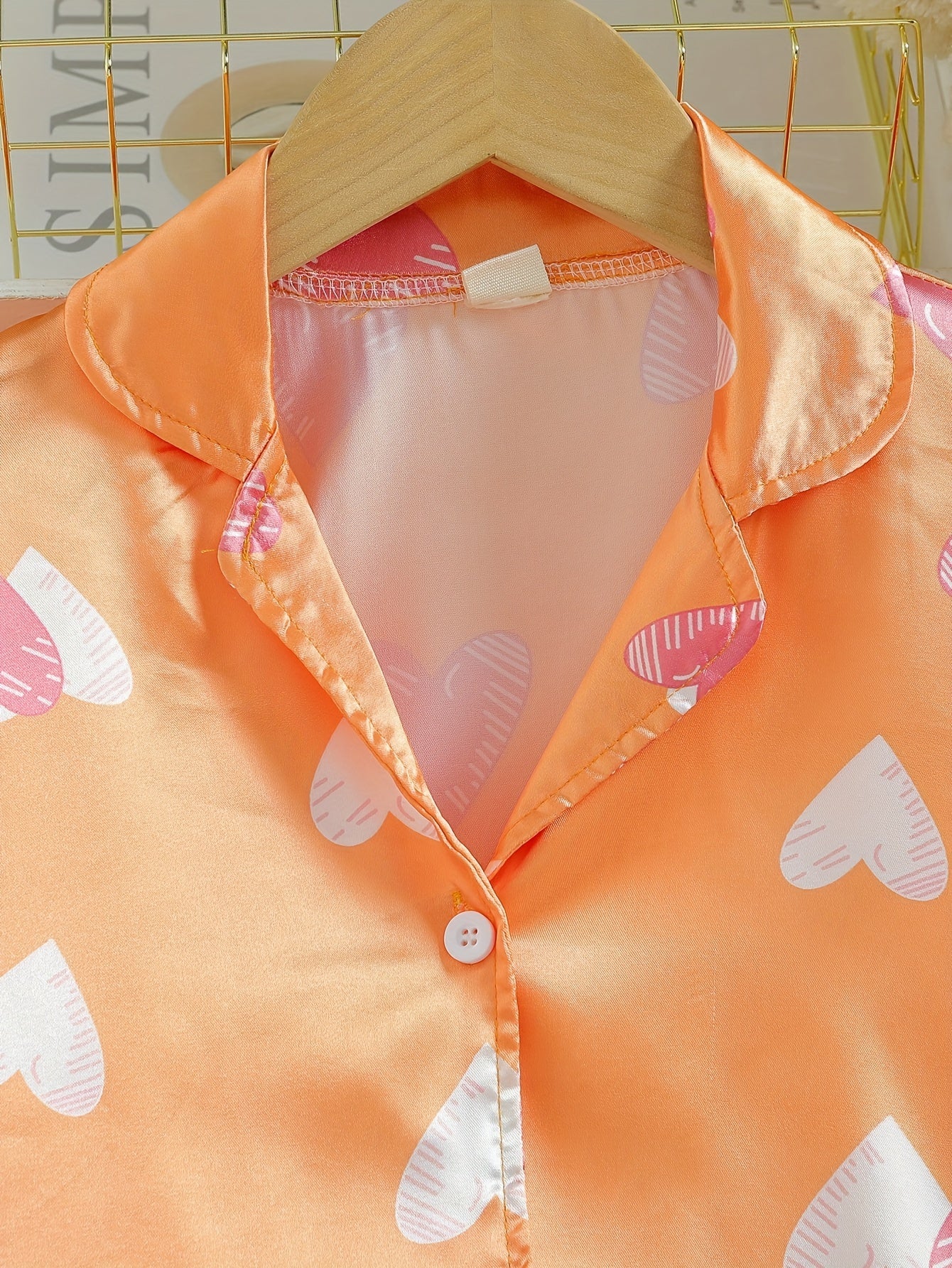 3pcs Heart Pattern Girl's Satin Pajamas Set Top & Cami & Pants