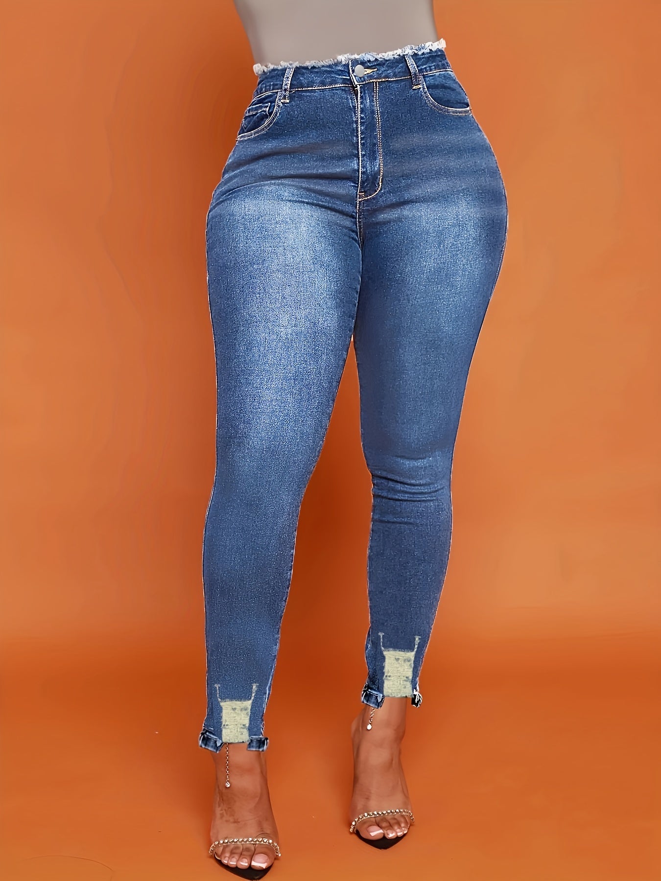 Ripped Holes Skinny Jeans Slim Fit Slash Pockets High Stretch Casual Denim Pants
