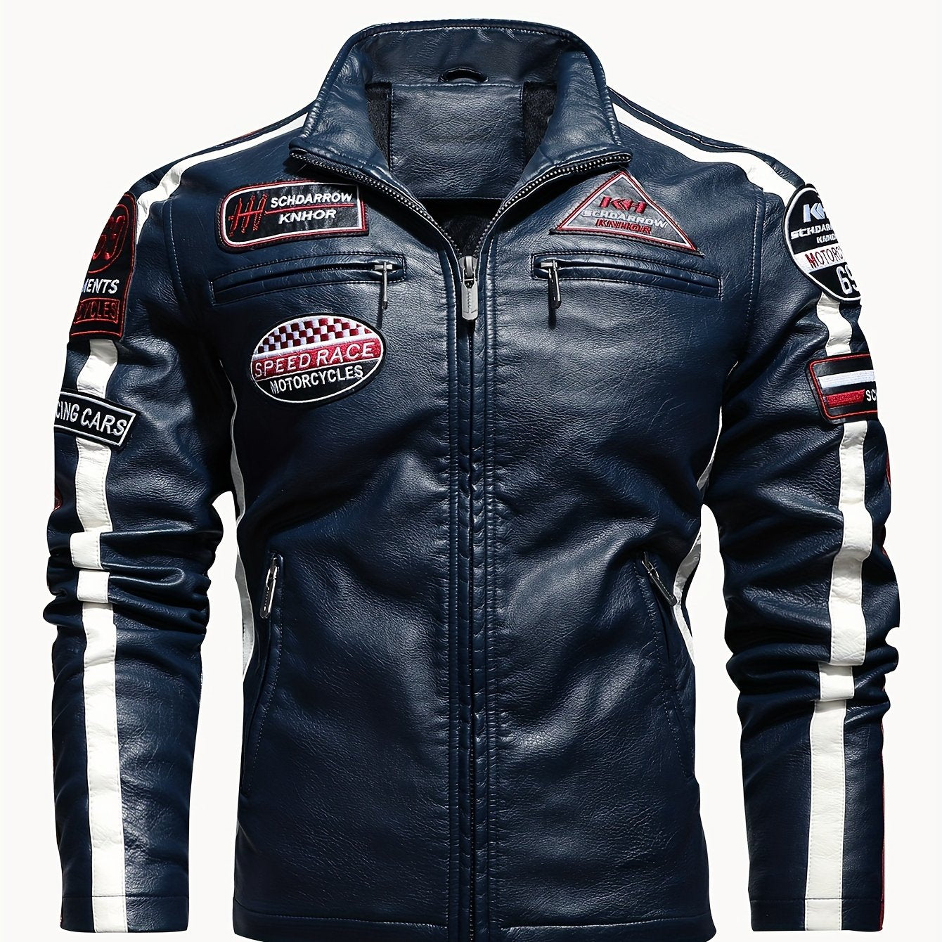 Men's PU Leather Cycling Zip Up Jacket Fleece Collar Motor Racer