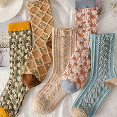 6 Pairs Textured Floral Socks Women's Mid Tube Stockings & Hosiery