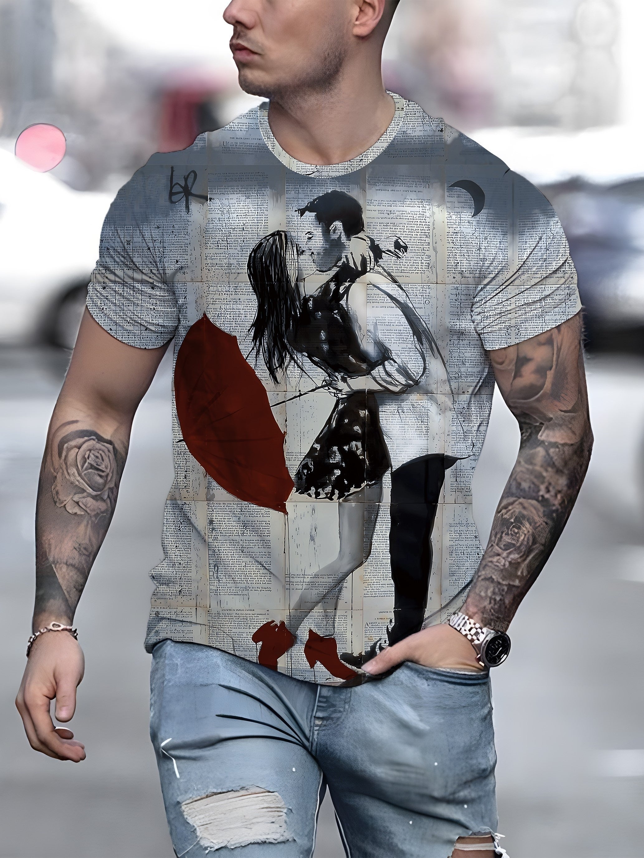 Men's Casual Couple Pattern T shirt Stretch Tee Street Style