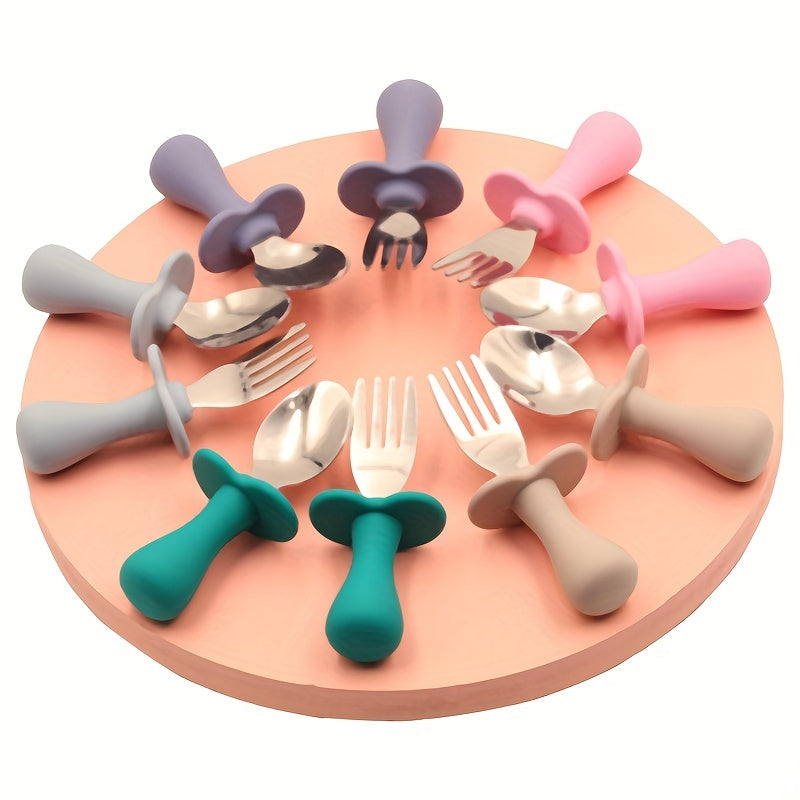Stainless Steel Short Fork Spoon Baby Training Eating Learning