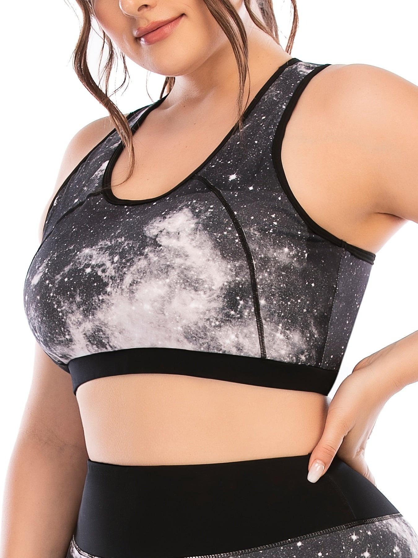 Galaxy Print Sports Bra Plus Size Women's Medium Stretch Yoga Running Fitness