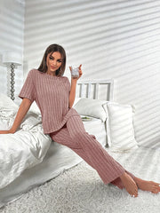 Ribbed Lounge Set Short Sleeve Crew Neck Top & Pants Women's Loungewear