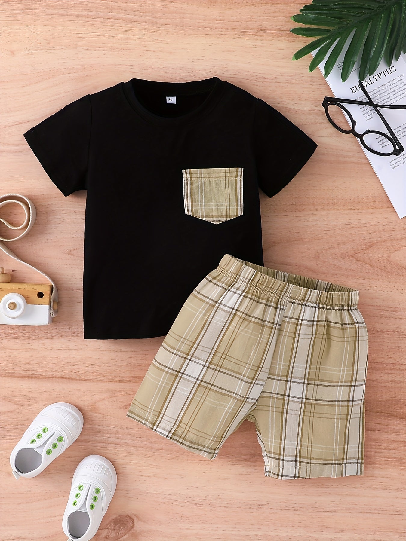 2pcs Baby Boys Casual T shirt & Plaid Shorts Set Clothes