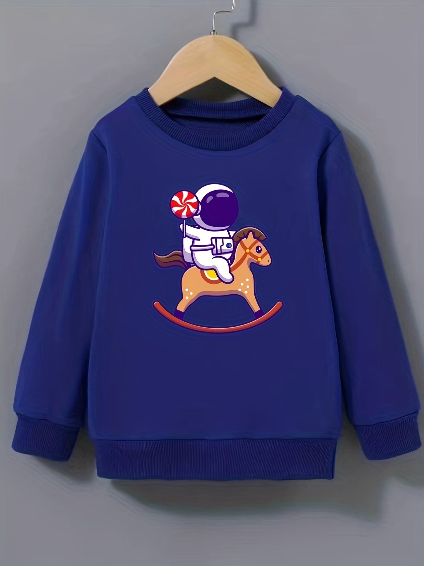 Astronaut & Pony Pattern Round Neck Sweatshirt for Girls