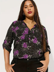 Women's Floral & Spider Web Print Button Up Long Sleeve V Neck Shirt